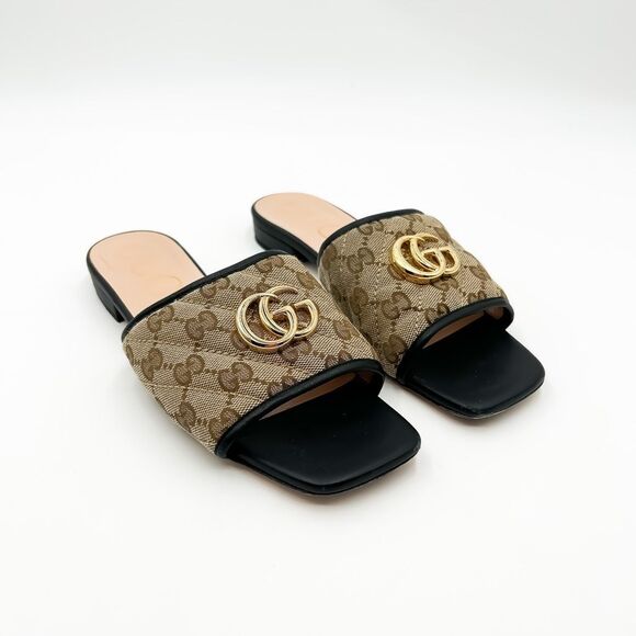 Gucci GG Quilted Monogram Sandals Slides Mules EU 38 US 8 Brown Gold - Picture 1 of 11